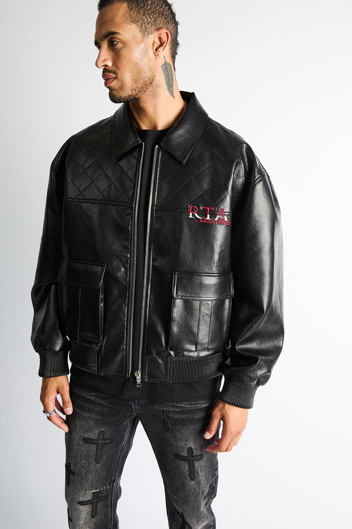 RTA Evander Oversized Bomber Black - Front View, Red Embroidered Logo, Quilted Yoke, Cargo Pockets | RTA