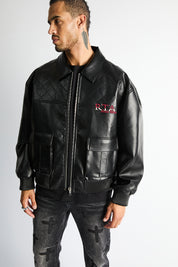 RTA Evander Oversized Bomber Black - Front View, Red Embroidered Logo, Quilted Yoke, Cargo Pockets | RTA