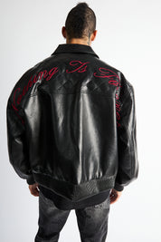 RTA Evander Oversized Bomber Black - Back View, Red Script Embroidery on Quilted Panel, Ribbed Hem | RTA