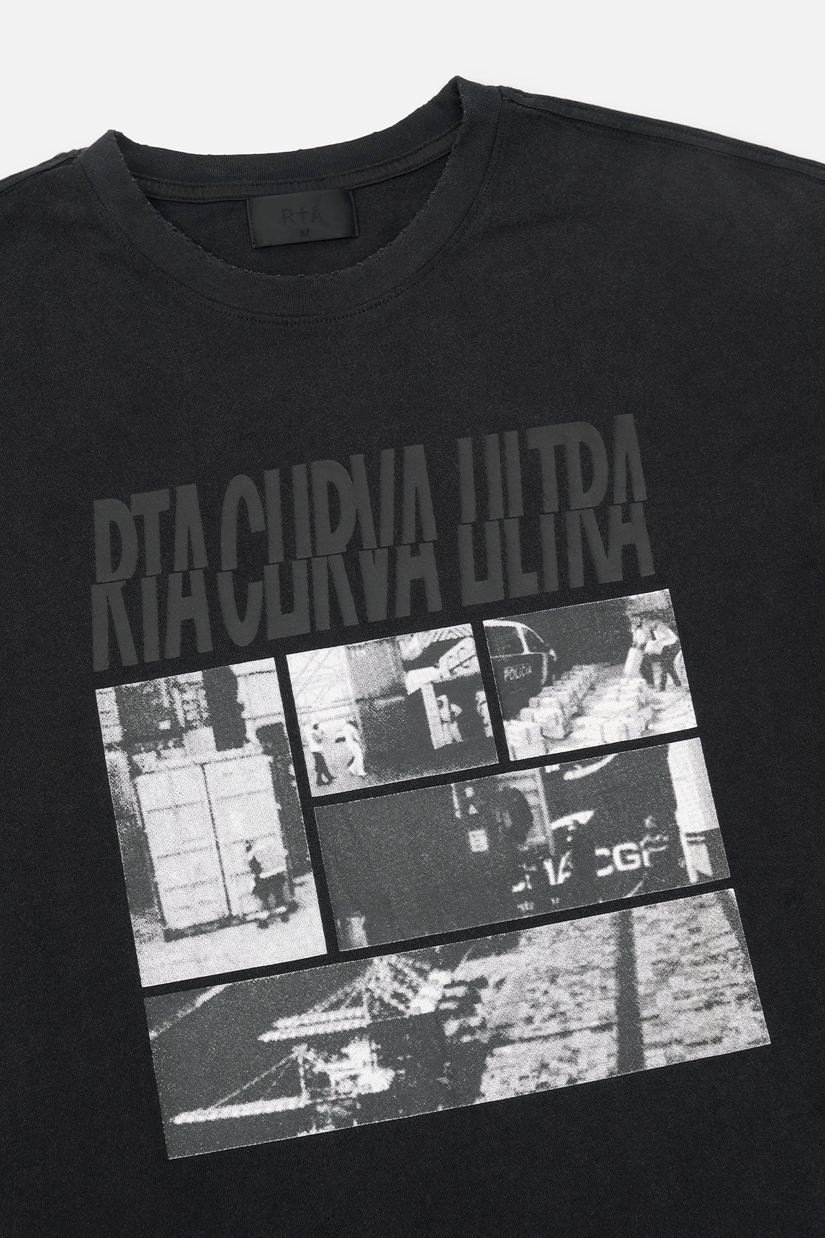 RTA Colin Oversized Tee Vintage Black - Front Graphic Close-Up, RTA Curva Ultra Photo Montage Print Detail | RTA