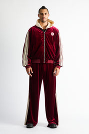 Luxen Baggy Sweatpants Burgundy Crest - On Model Front View, Velvet Fabric with Cream Side Stripe | RTA