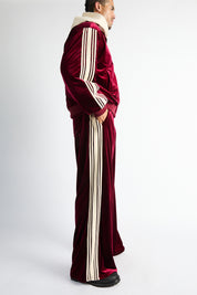 Luxen Baggy Sweatpants Burgundy Crest - Side Profile, Cream Triple Stripe Detailing | RTA