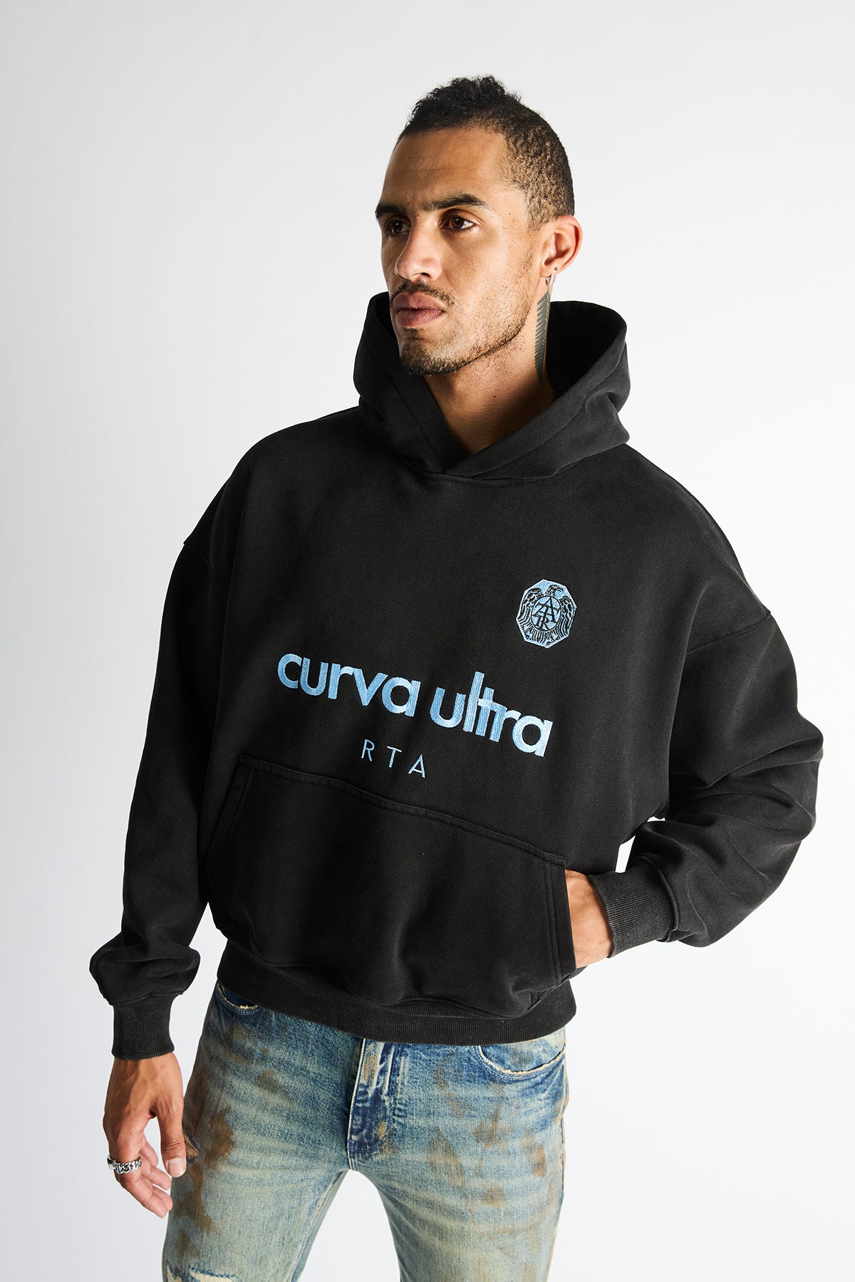 Sairen Cropped Boxy Hoodie Black Curva Ultra - On Model Front View, Luxury Streetwear Hoodie | RTA