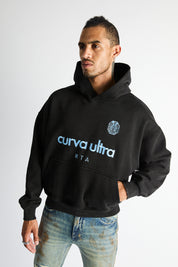 Sairen Cropped Boxy Hoodie Black Curva Ultra - On Model Front View, Luxury Streetwear Hoodie | RTA