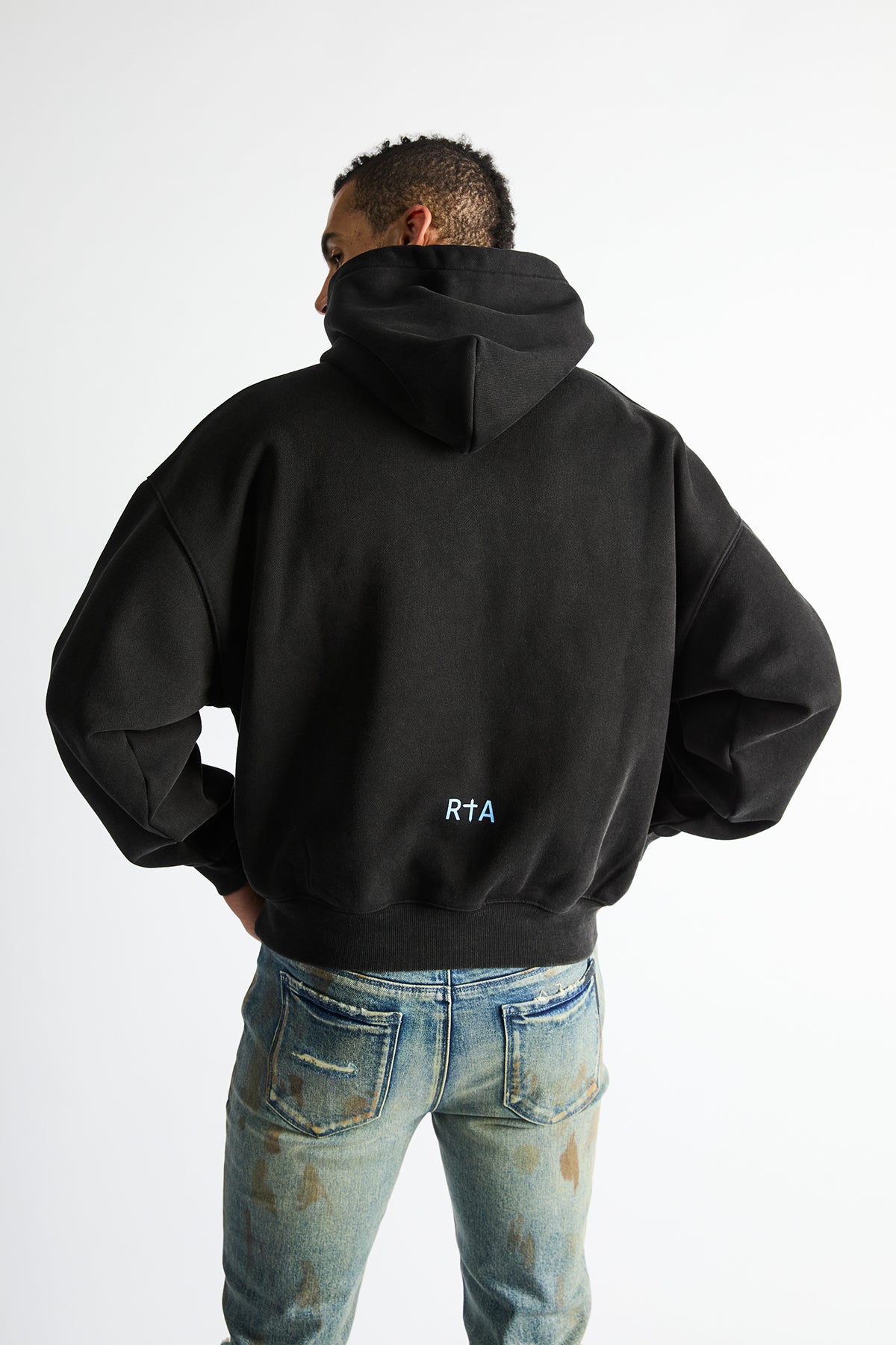 Sairen Cropped Boxy Hoodie Black Curva Ultra - On Model Back View, RTA Cross Logo Detail | RTA