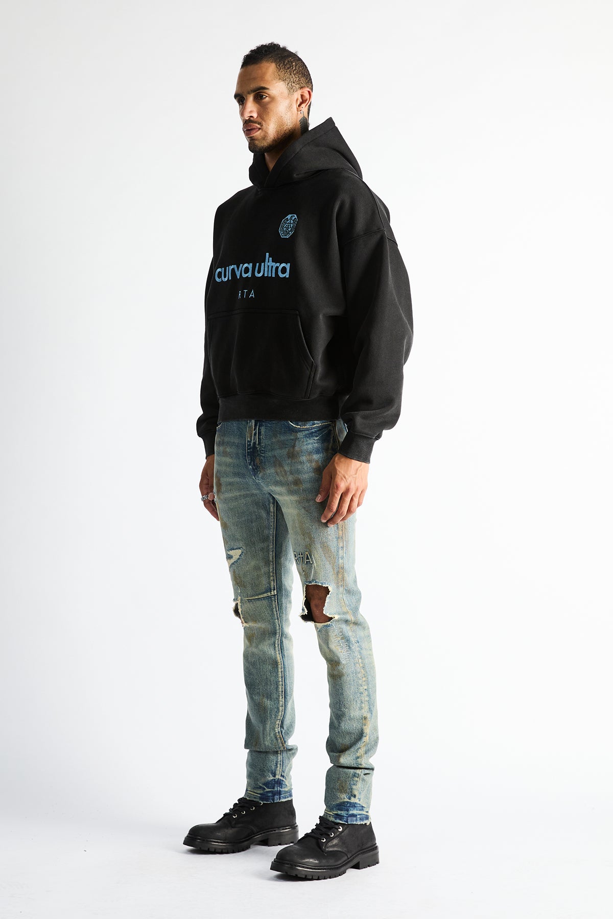 Sairen Cropped Boxy Hoodie Black Curva Ultra - On Model Side Profile, Boxy Cropped Silhouette | RTA