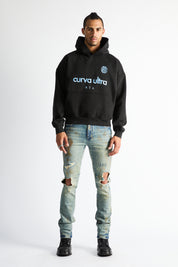 Sairen Cropped Boxy Hoodie Black Curva Ultra - Full Length Front On Model, Premium Streetwear | RTA