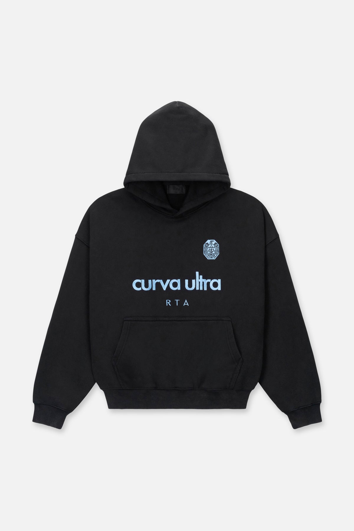 Sairen Cropped Boxy Hoodie Black Curva Ultra - Front Flat Lay, Blue Embroidered Graphic | RTA