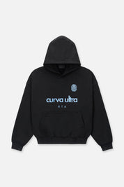 Sairen Cropped Boxy Hoodie Black Curva Ultra - Front Flat Lay, Blue Embroidered Graphic | RTA