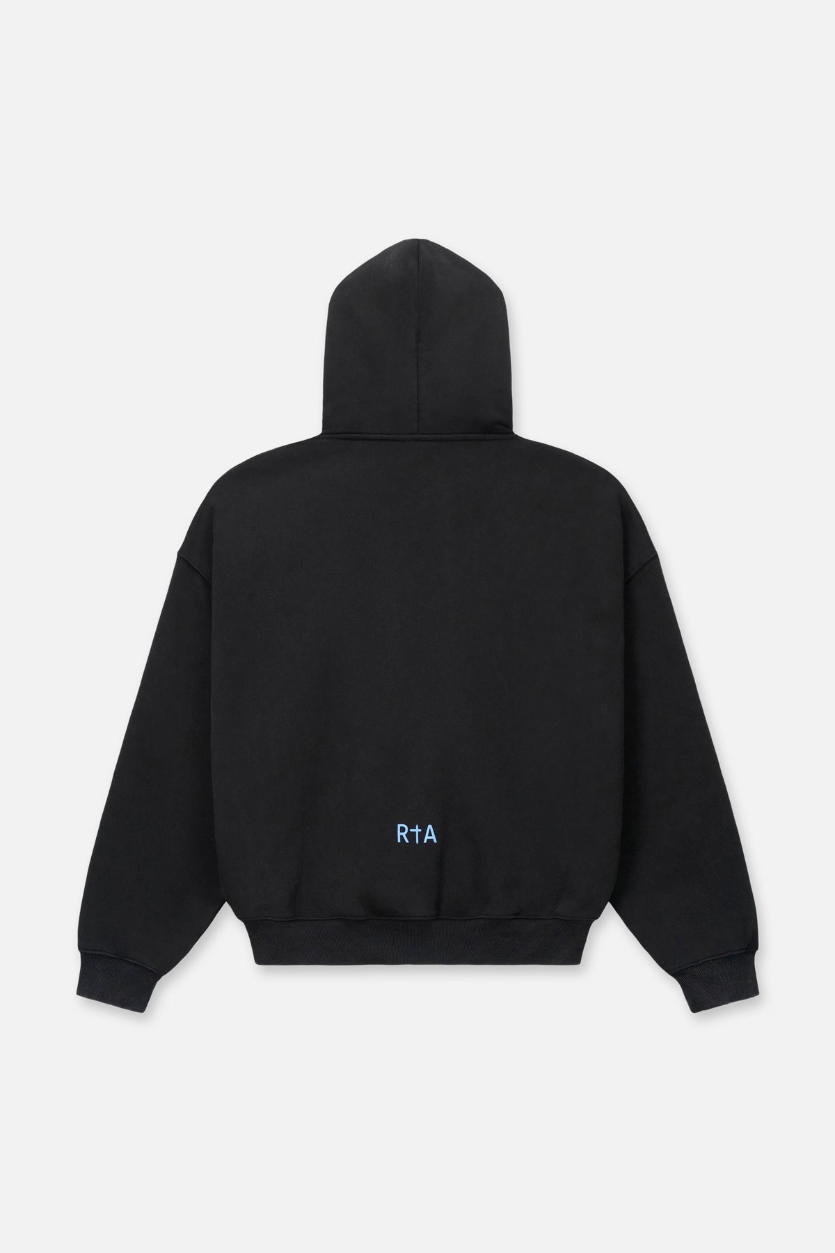 Sairen Cropped Boxy Hoodie Black Curva Ultra - Back Flat Lay, Blue RTA Cross Logo Hem Detail | RTA