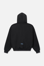 Sairen Cropped Boxy Hoodie Black Curva Ultra - Back Flat Lay, Blue RTA Cross Logo Hem Detail | RTA