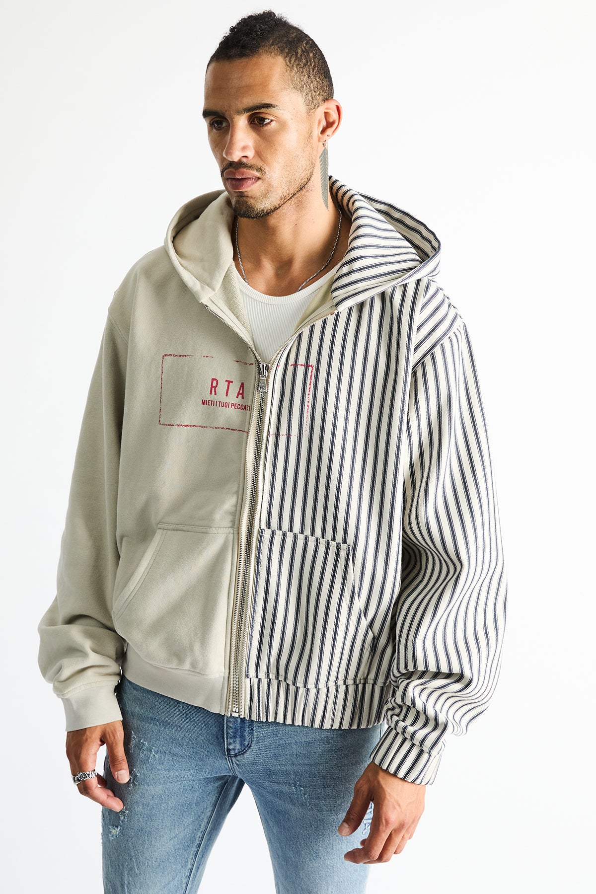 RIKO HALF HALF ZIP UP | GREY STRIPE COMBO