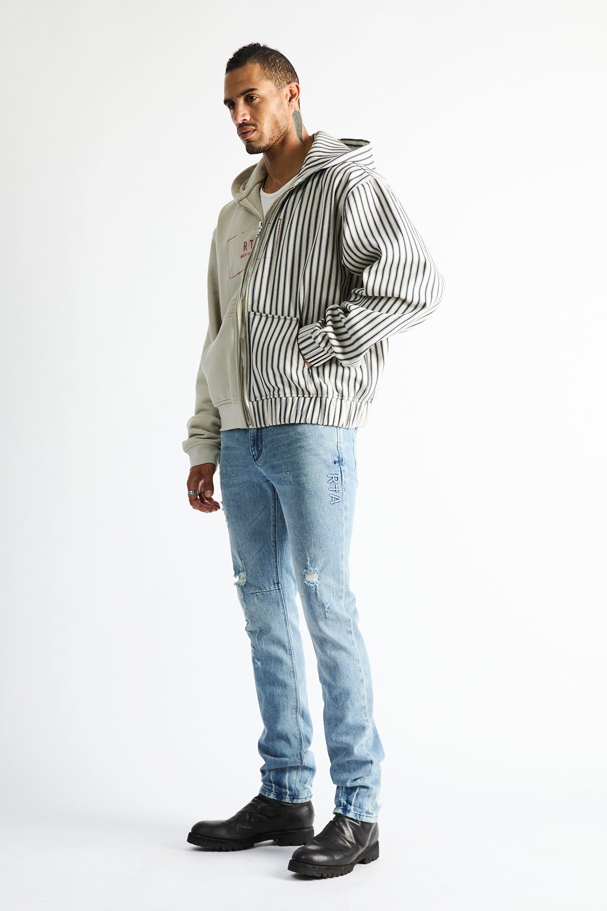 RIKO HALF HALF ZIP UP | GREY STRIPE COMBO