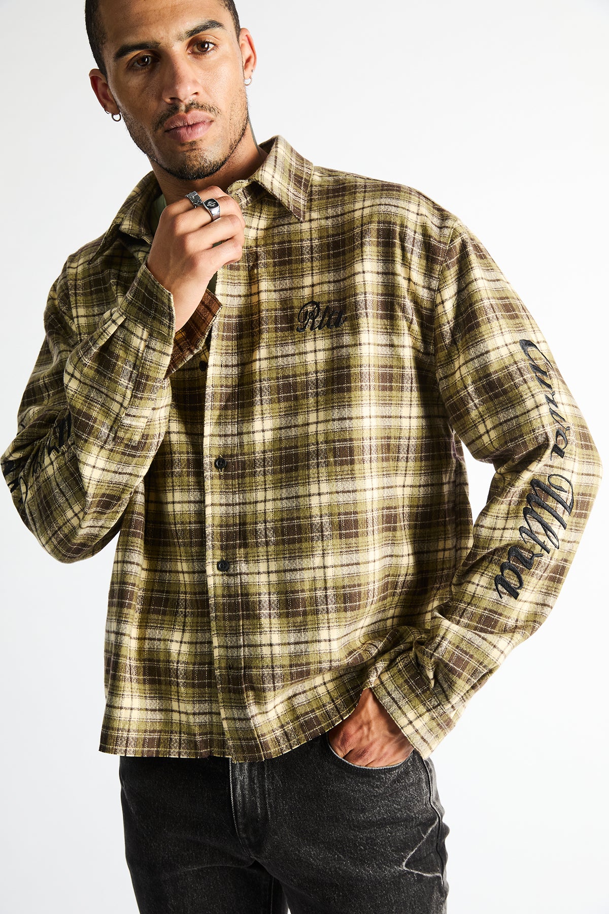 RTA Rynor Cropped Button Up Shirt Olive Plaid - On Model Front View, Script Sleeve Embroidery | RTA