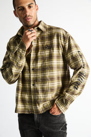 RTA Rynor Cropped Button Up Shirt Olive Plaid - On Model Front View, Script Sleeve Embroidery | RTA