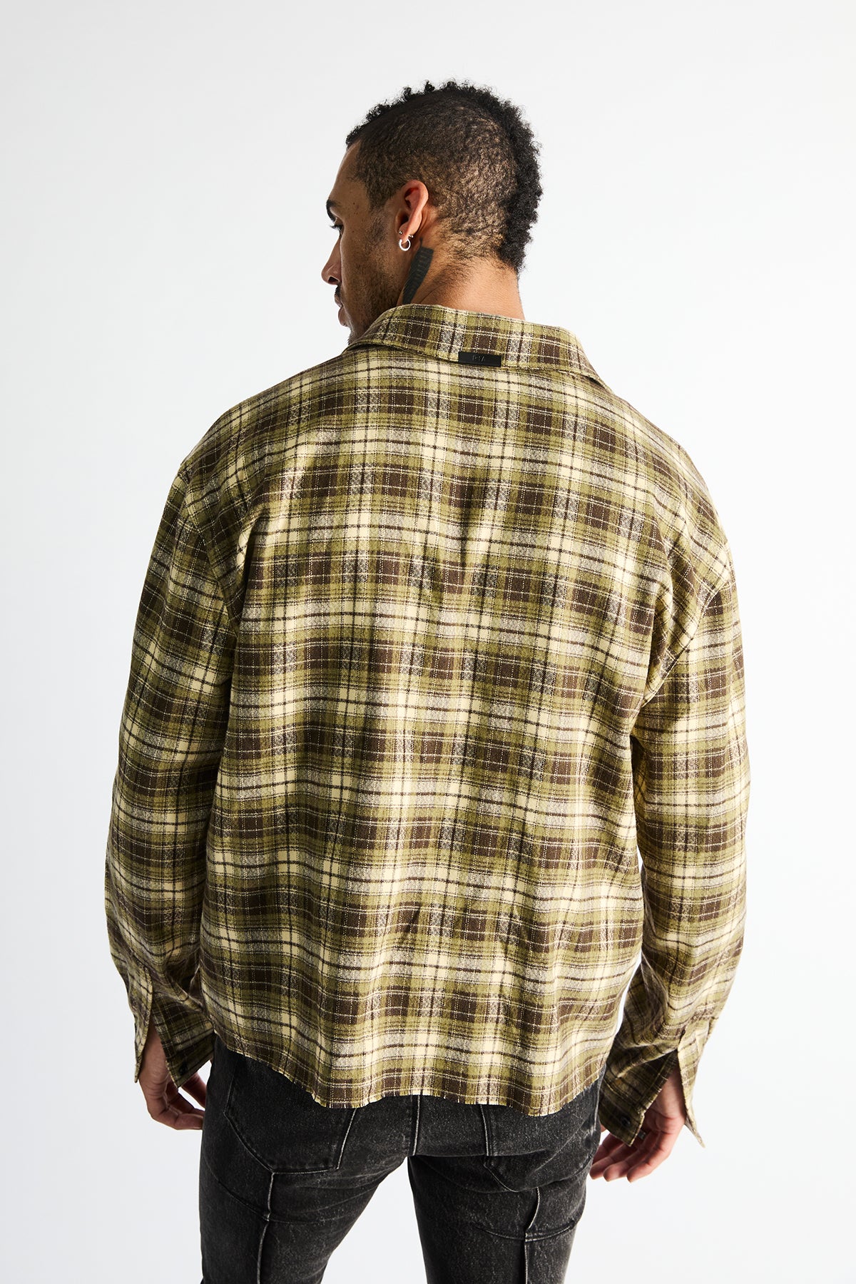 RTA Rynor Cropped Button Up Shirt Olive Plaid - On Model Back View, Cropped Silhouette | RTA