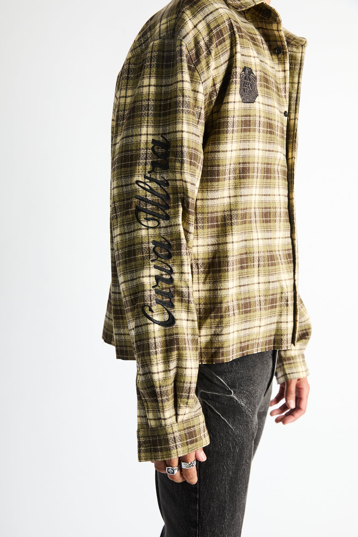 RTA Rynor Cropped Button Up Shirt Olive Plaid - Side Detail, Curva Ultra Sleeve Embroidery and Crest Patch | RTA