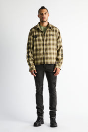 RTA Rynor Cropped Button Up Shirt Olive Plaid - Full Length On Model, Styled with Distressed Skinny Jeans | RTA