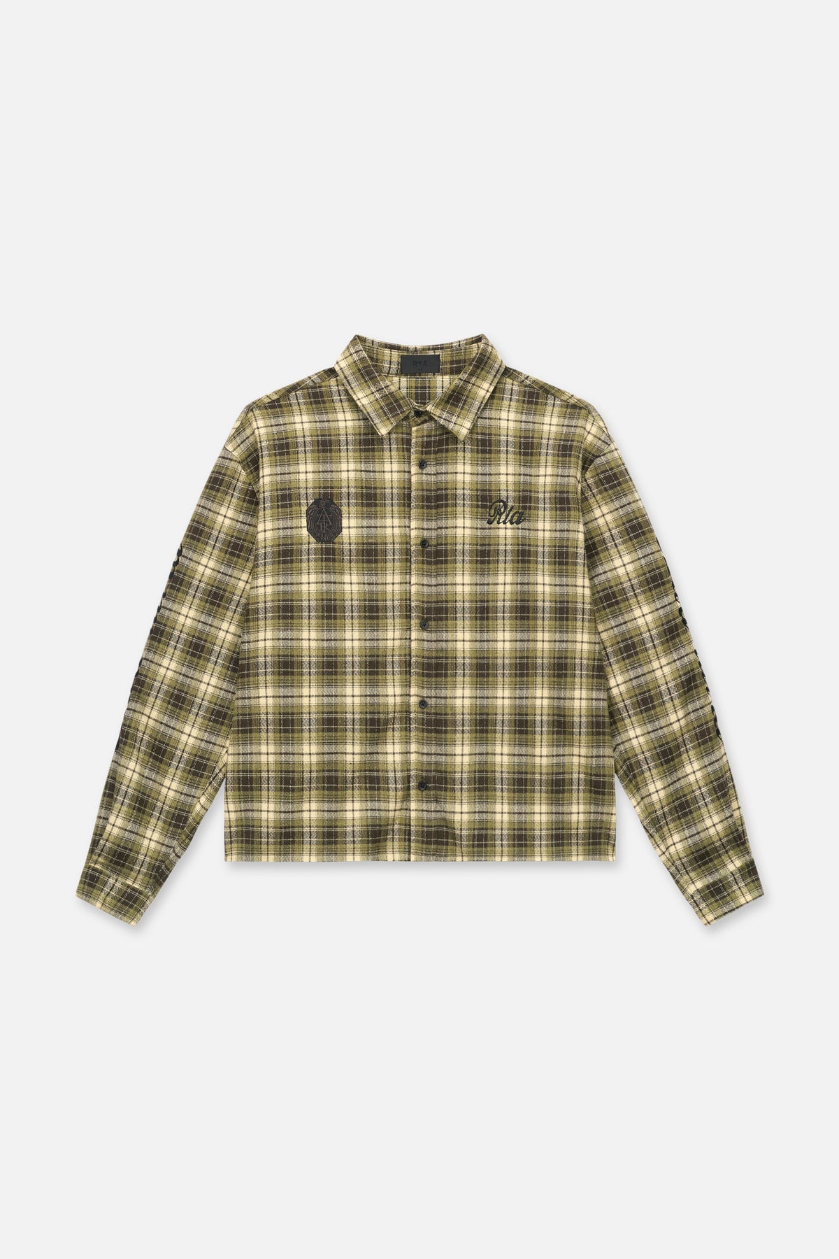 RTA Rynor Cropped Button Up Shirt Olive Plaid - Front Flat Lay, Embroidered Logo and Crest Detail | RTA