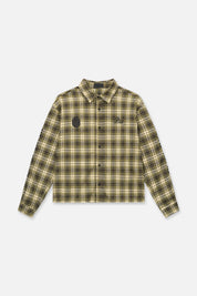 RTA Rynor Cropped Button Up Shirt Olive Plaid - Front Flat Lay, Embroidered Logo and Crest Detail | RTA