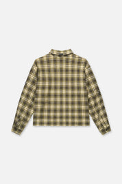 RTA Rynor Cropped Button Up Shirt Olive Plaid - Back Flat Lay, Clean Plaid Fabrication | RTA