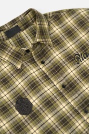 RTA Rynor Cropped Button Up Shirt Olive Plaid - Close-Up, RTA Logo Embroidery and Signature Crest Patch Detail | RTA