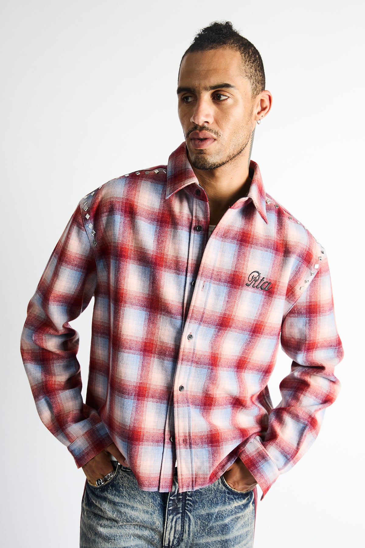 RTA Rynor Cropped Button Up Shirt Red Plaid - On Model Front View, Styled with Distressed Jeans | RTA
