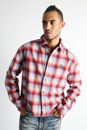 RTA Rynor Cropped Button Up Shirt Red Plaid - On Model Front View, Styled with Distressed Jeans | RTA