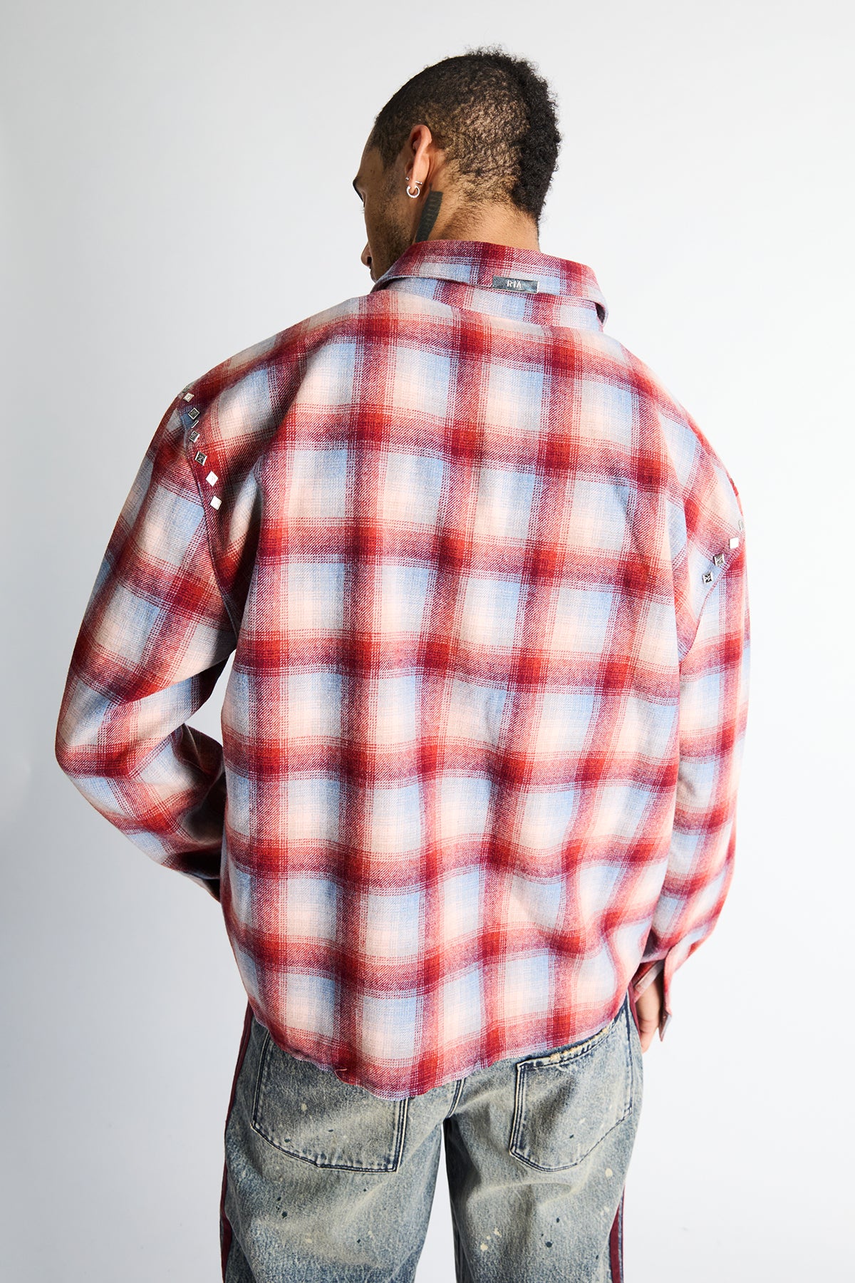RTA Rynor Cropped Button Up Shirt Red Plaid - On Model Back View, Silver Stud Shoulder Detailing | RTA