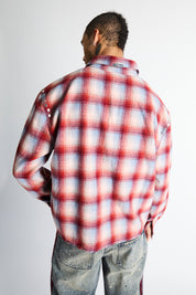RTA Rynor Cropped Button Up Shirt Red Plaid - On Model Back View, Silver Stud Shoulder Detailing | RTA