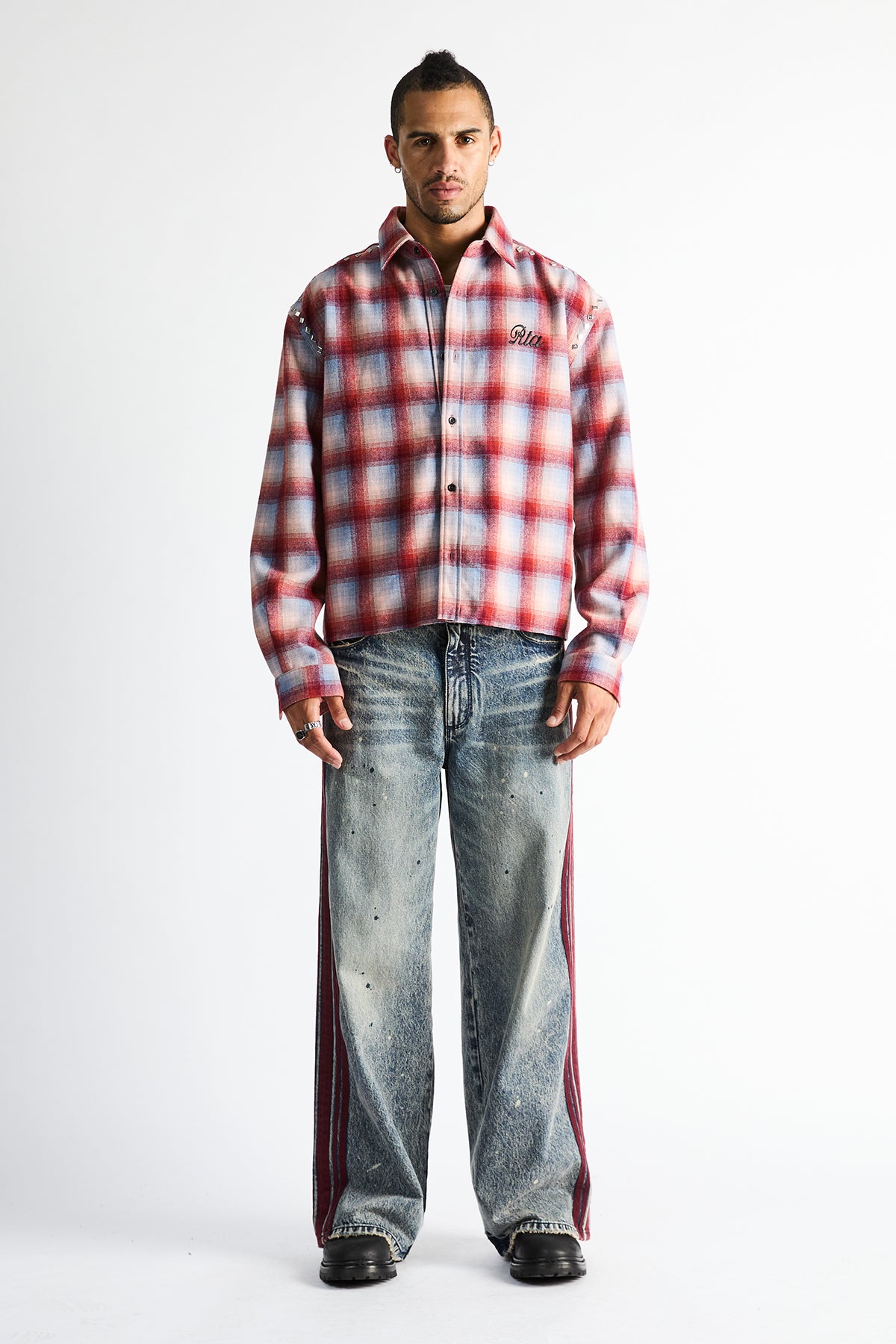 RTA Rynor Cropped Button Up Shirt Red Plaid - Full Length On Model Styled Look, Cropped Silhouette | RTA