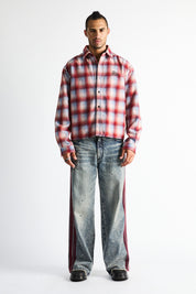 RTA Rynor Cropped Button Up Shirt Red Plaid - Full Length On Model Styled Look, Cropped Silhouette | RTA