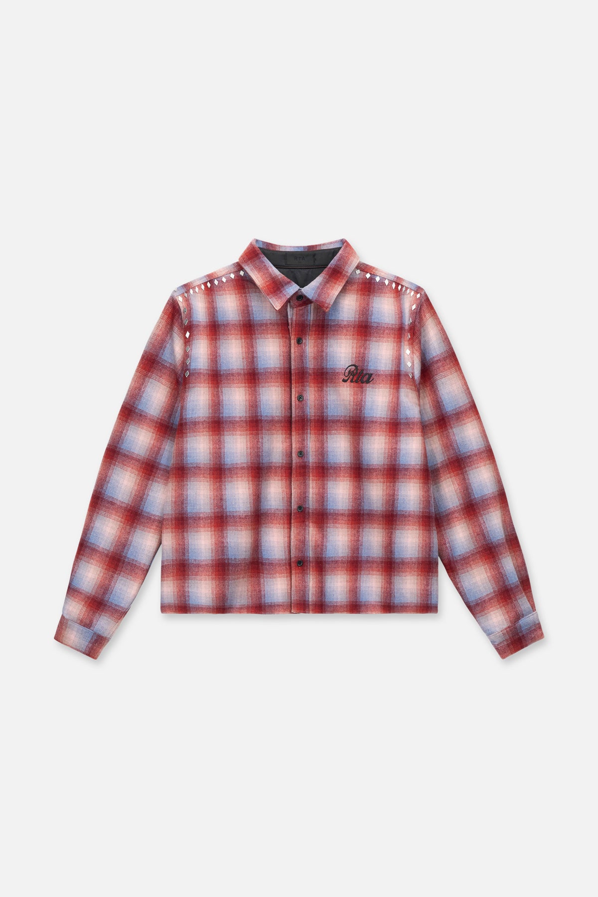 RTA Rynor Cropped Button Up Shirt Red Plaid - Front Flat Lay, Wool Blend with Silver Studs | RTA