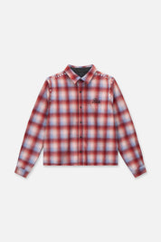 RTA Rynor Cropped Button Up Shirt Red Plaid - Front Flat Lay, Wool Blend with Silver Studs | RTA