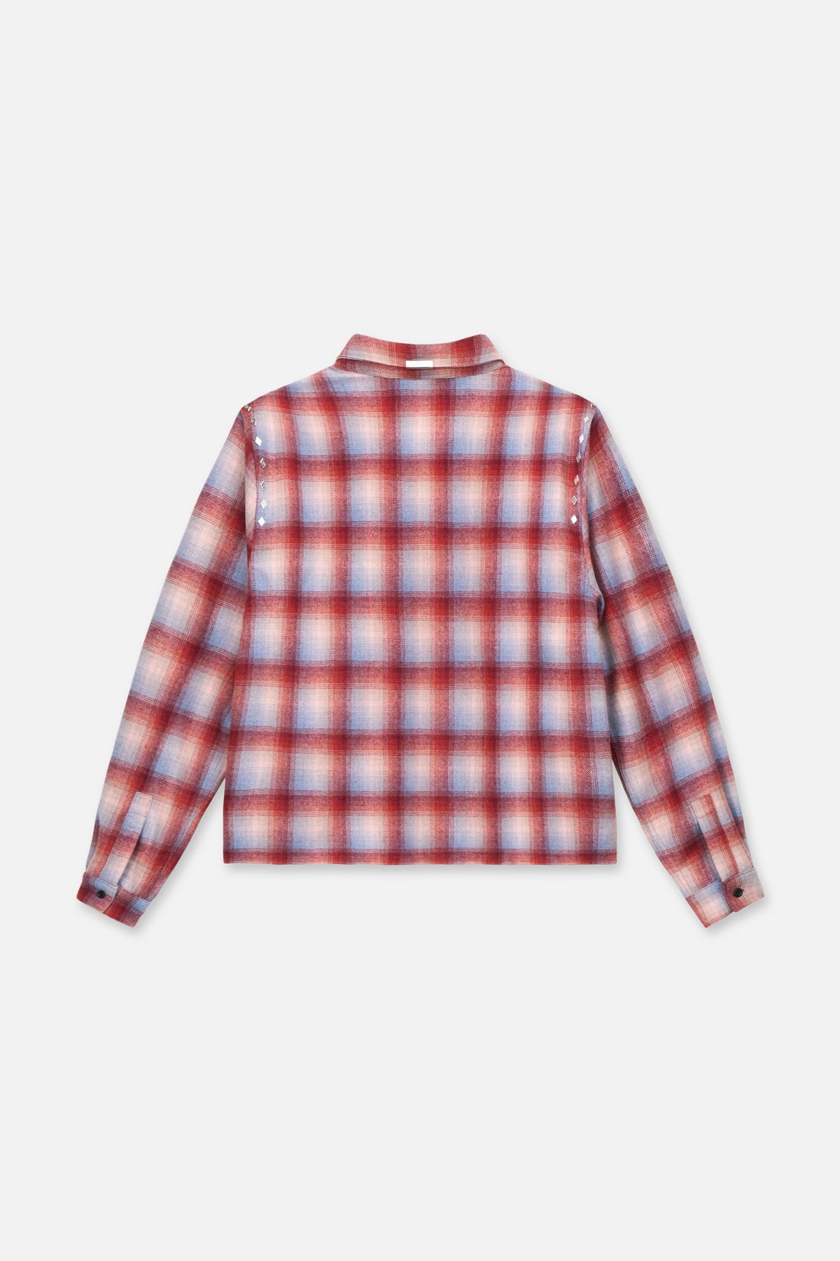 RTA Rynor Cropped Shirt Red Plaid - Back Flat Lay, Wool Blend Plaid with Silver Stud Shoulders | RTA
