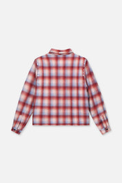 RTA Rynor Cropped Shirt Red Plaid - Back Flat Lay, Wool Blend Plaid with Silver Stud Shoulders | RTA