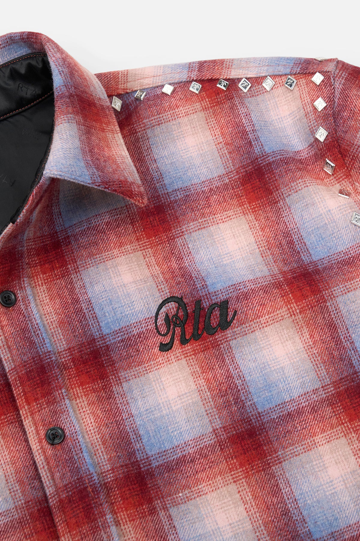 RTA Rynor Cropped Plaid Shirt - Close-Up Embroidered RTA Logo and Silver Stud Hardware Detail | RTA