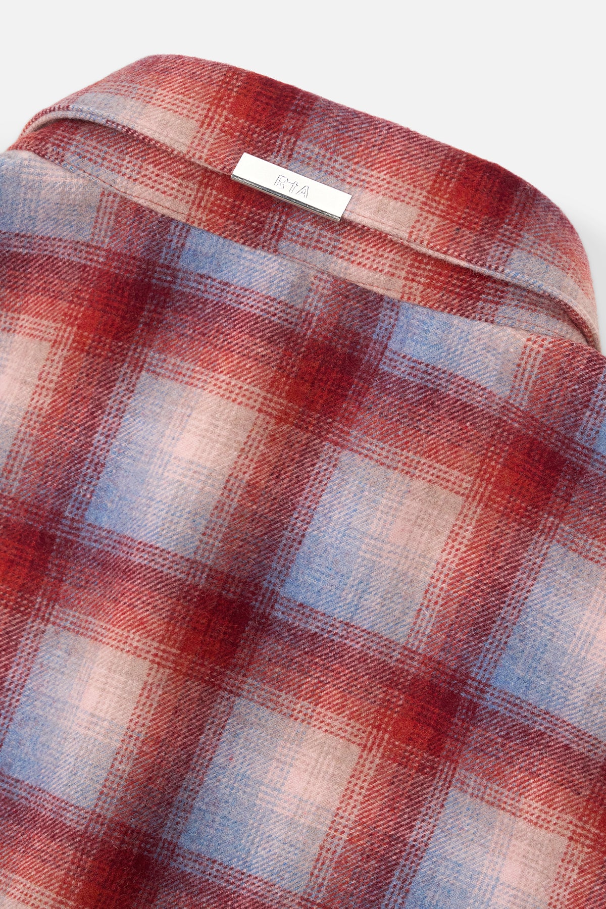 RTA Rynor Cropped Shirt Red Plaid - Back Collar Close-Up, Silver RTA Label Tag on Wool Blend Fabric | RTA
