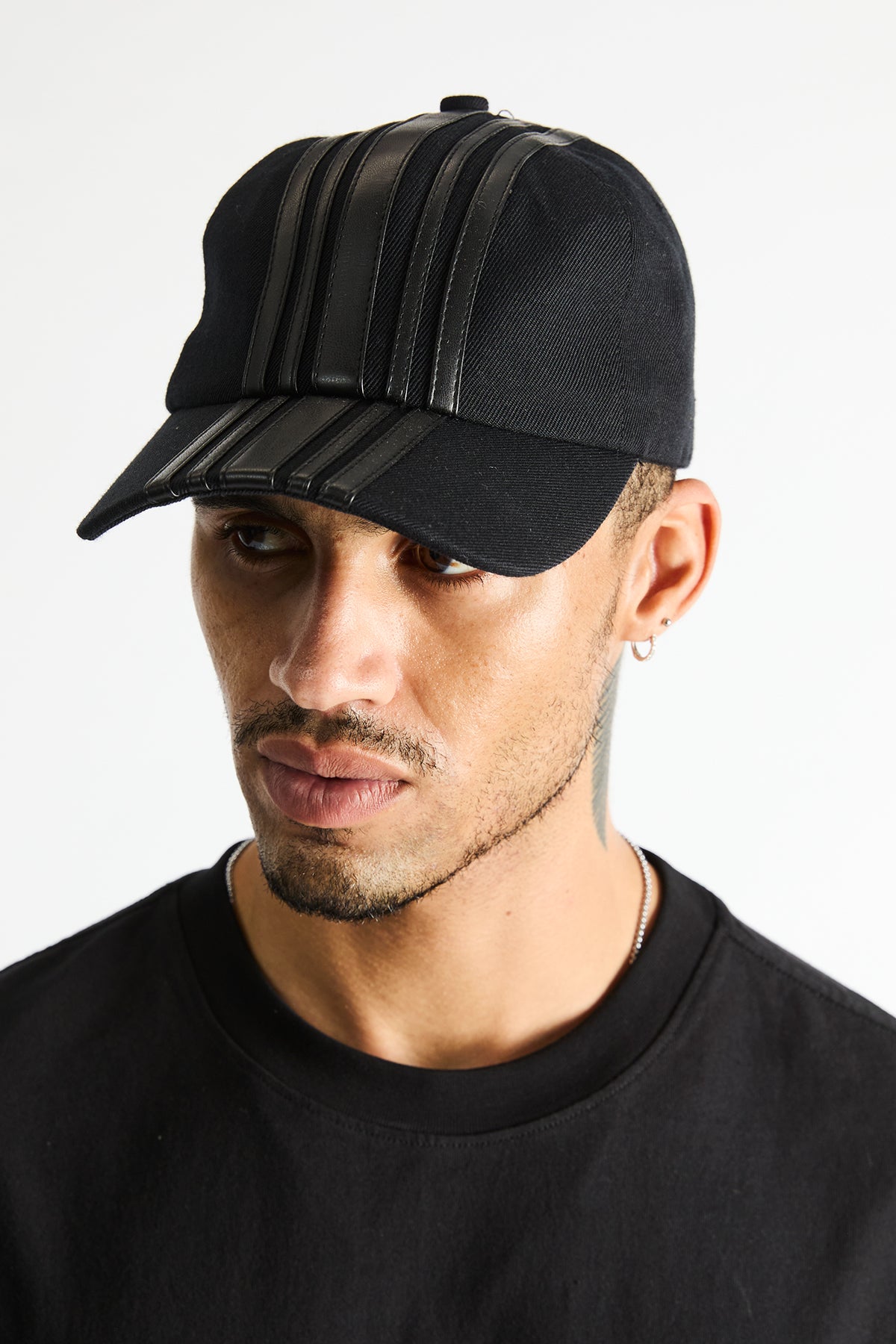 Mars Baseball Hat Black Stripe - On Model Side Angle, Raised Leather Stripe Panel | RTA