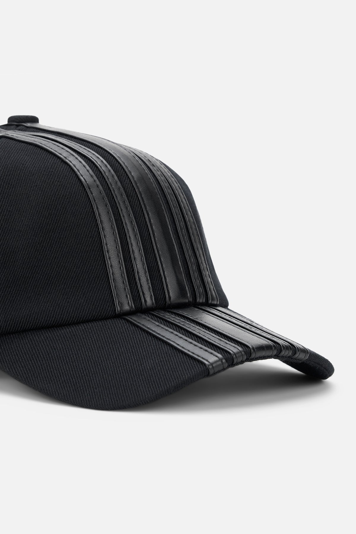 Black Stripe Baseball Cap - Close-Up Brim Detail, Raised Leather Stripe Texture | RTA