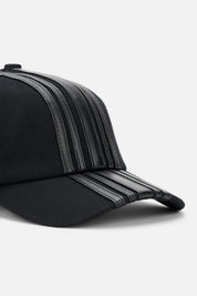 Black Stripe Baseball Cap - Close-Up Brim Detail, Raised Leather Stripe Texture | RTA