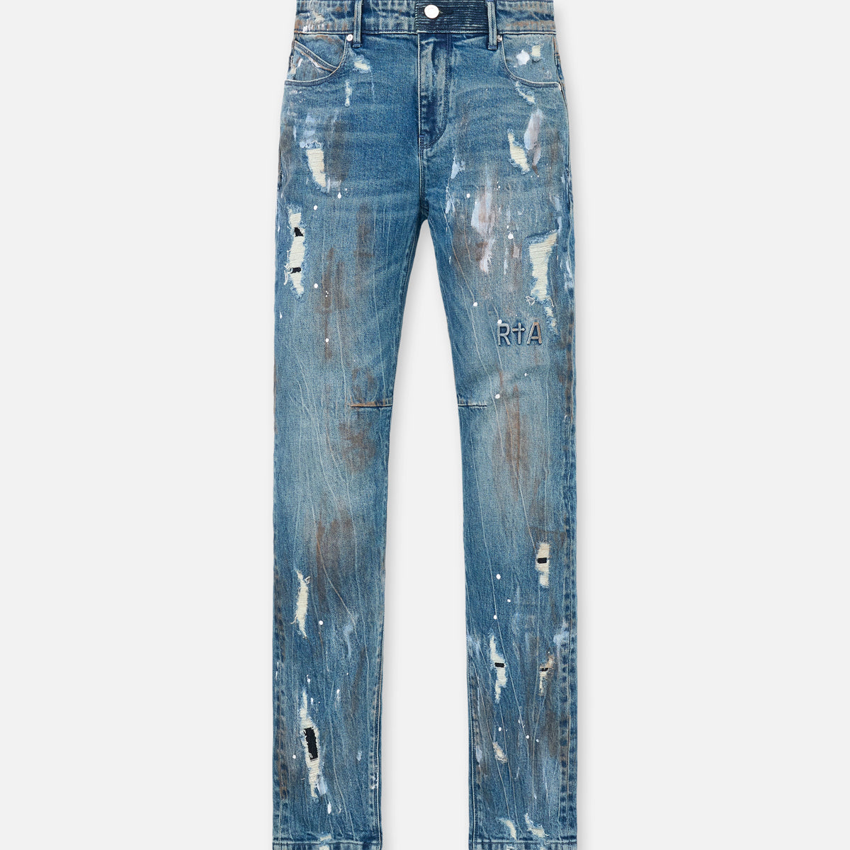 Glitch Blue Distressed Paint Clayton Skinny Jeans - Front View | RTA