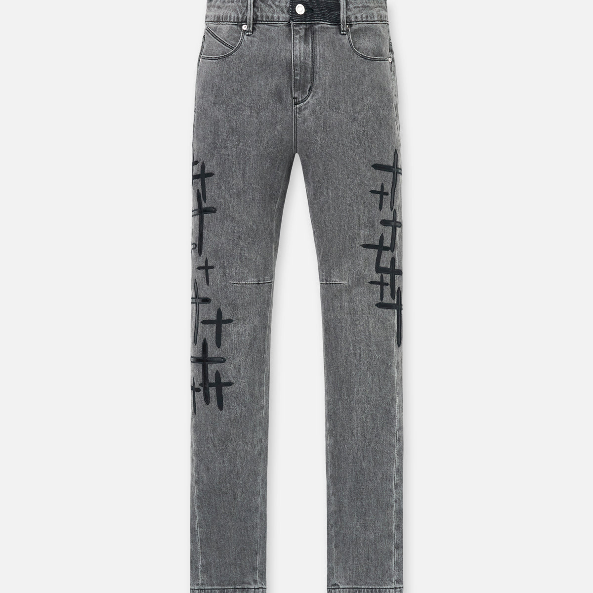 Grey Denim Bryant Skinny Jeans with Cross Patches - Front View | RTA