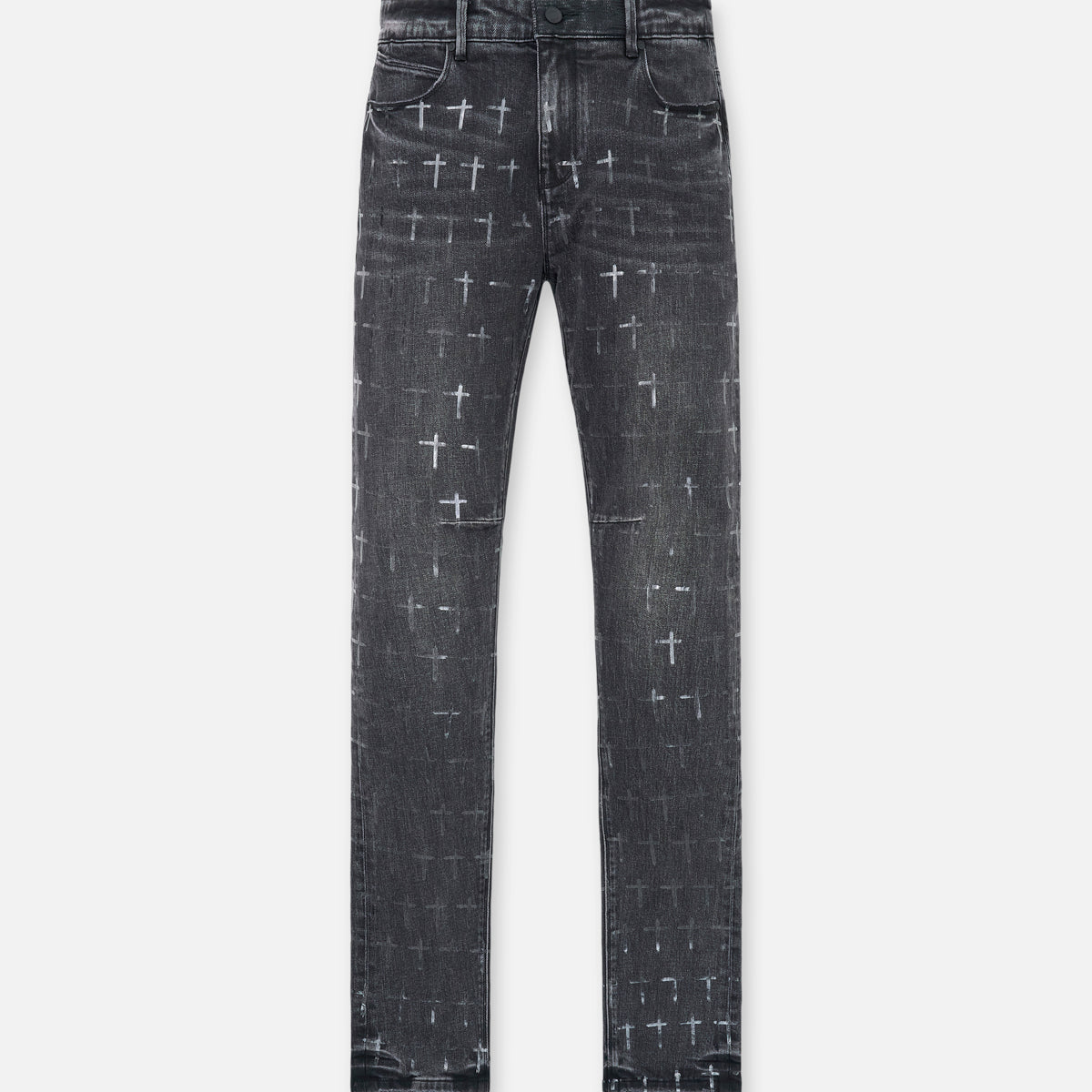 Grey Coated Denim Bryant Skinny Jeans with Cross Pattern - Front View | RTA