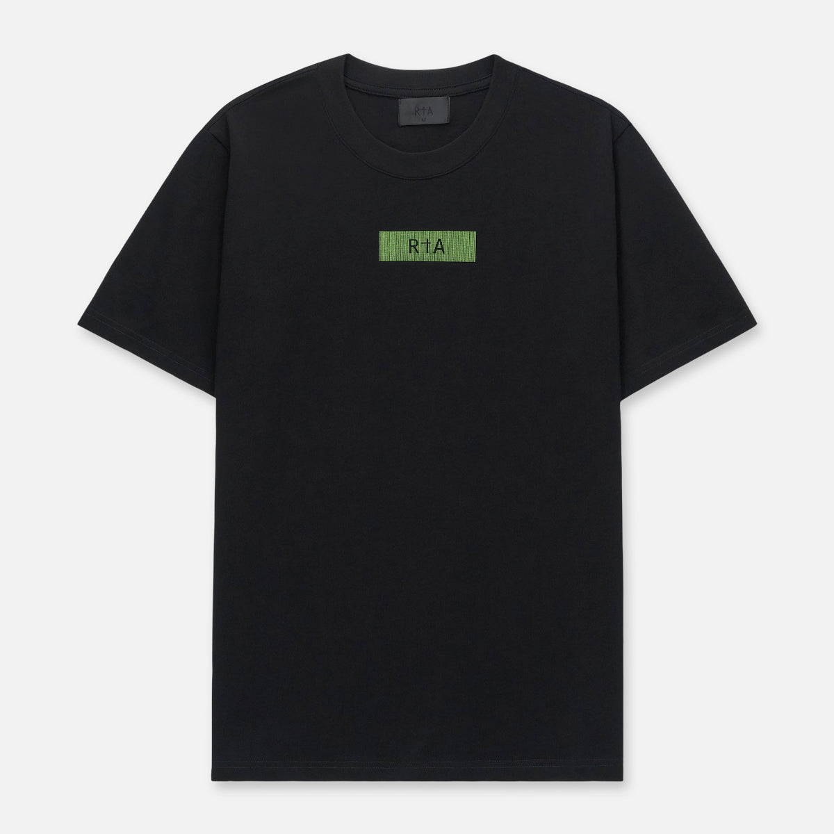 Black Cotton Liam Graphic Tee with Green Binary Logo - Front View | RtA