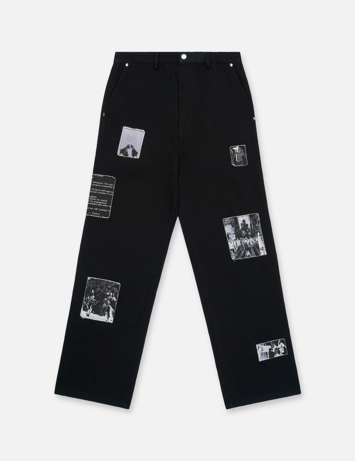 Black Cotton Rex Straight Leg Jean with Vintage Patches - Front View | RTA