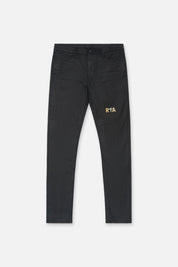 Black Cotton Denim Skinny Jean Front View with Yellow Cross Logo - Flat Lay | RTA