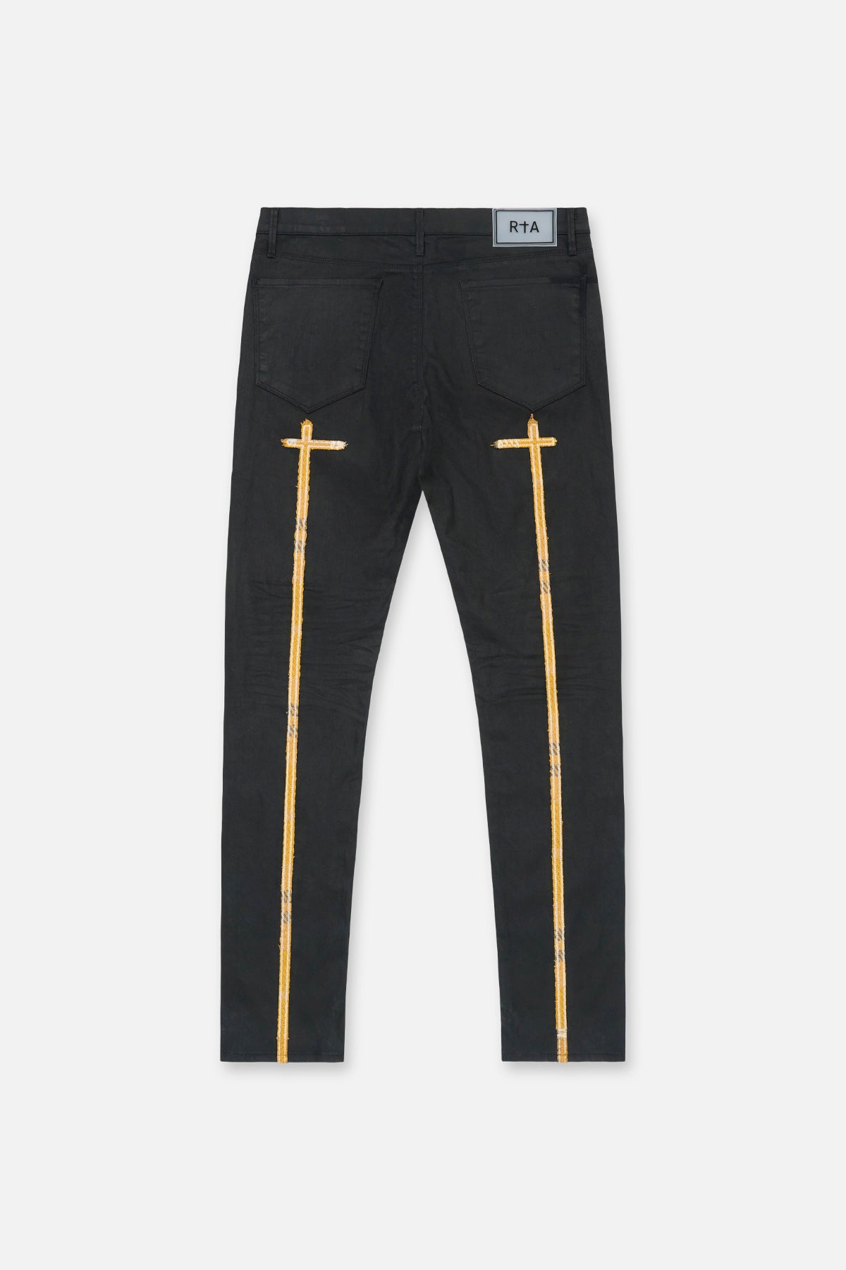 Black Skinny Jean Back View with Yellow Long Cross Patch Detail - Flat Lay | RTA
