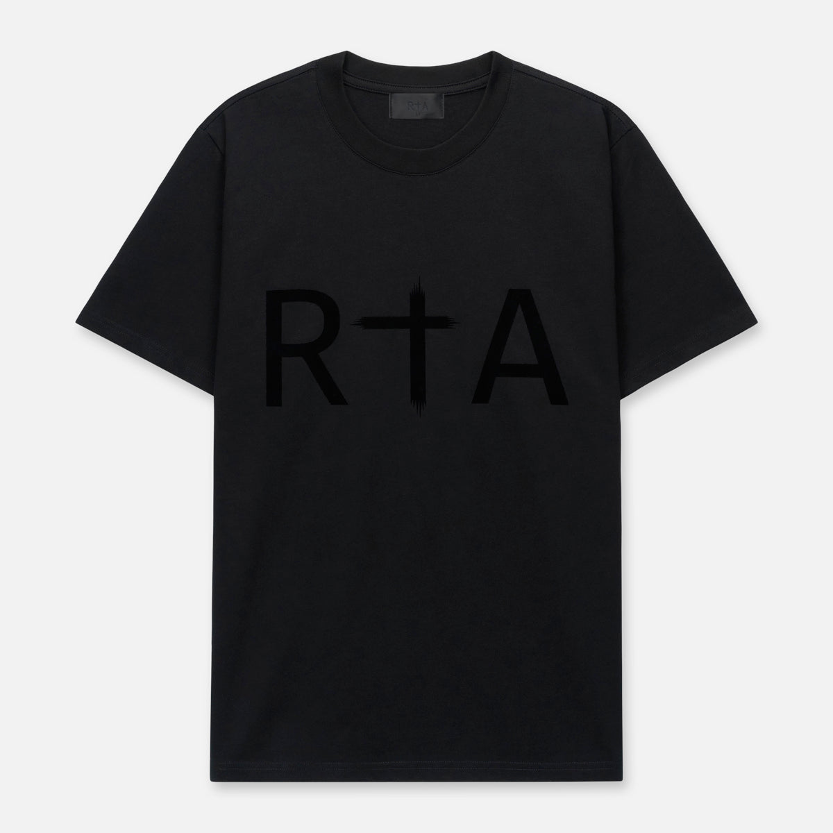 Black Cotton Short Sleeve Tee with Flocked RTA Logo - Front View | RTA