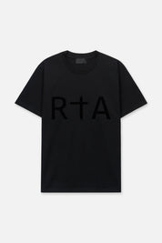 Black Cotton Short Sleeve Tee with Flocked RTA Logo - Front View | RTA